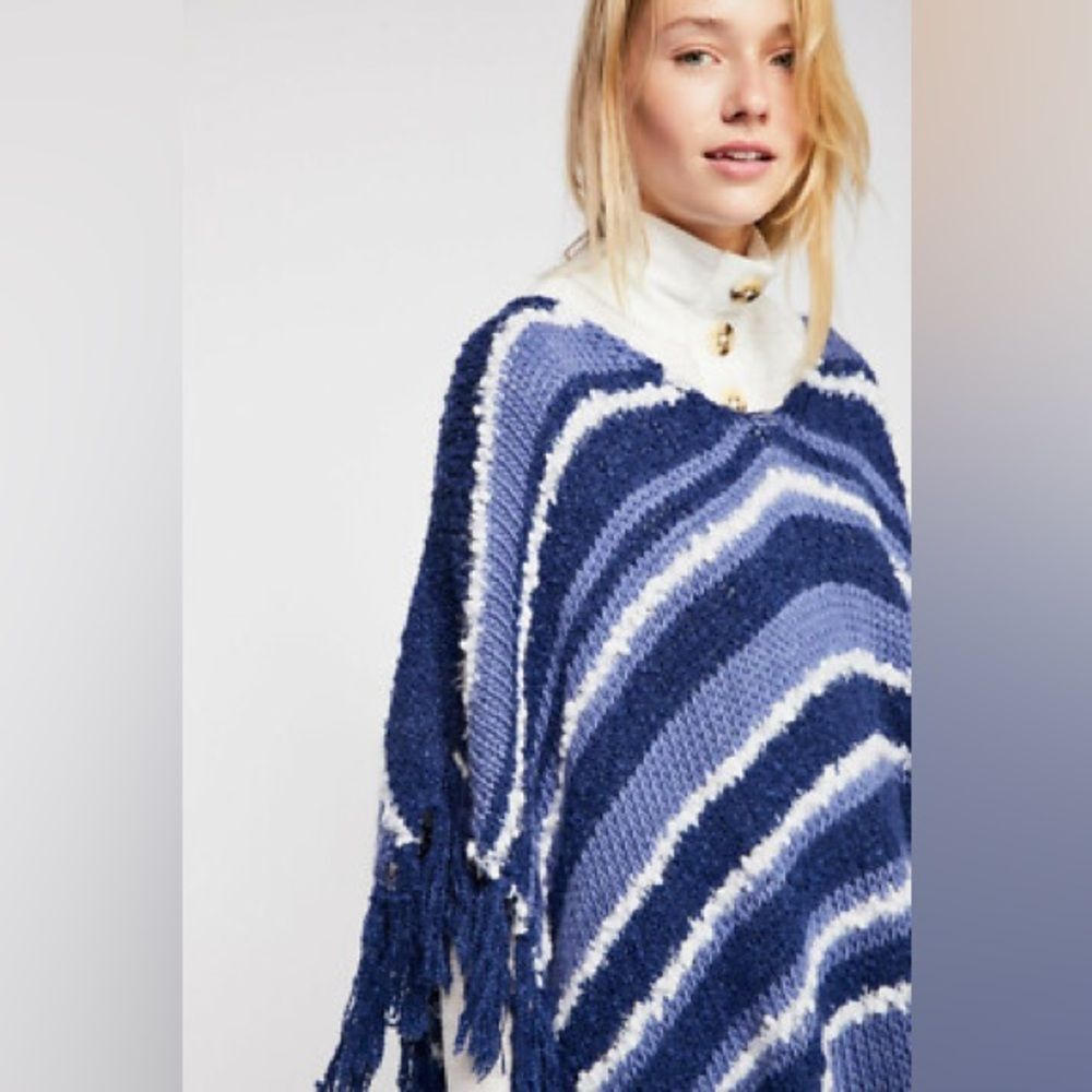 Free People Big Dipper Stripe Poncho Sweater Blue Chunky Knit Sweater One Size